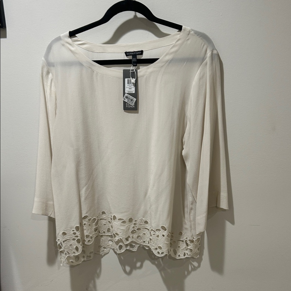 Eileen Fisher Cream Lace-Hem Long Sleeve Top